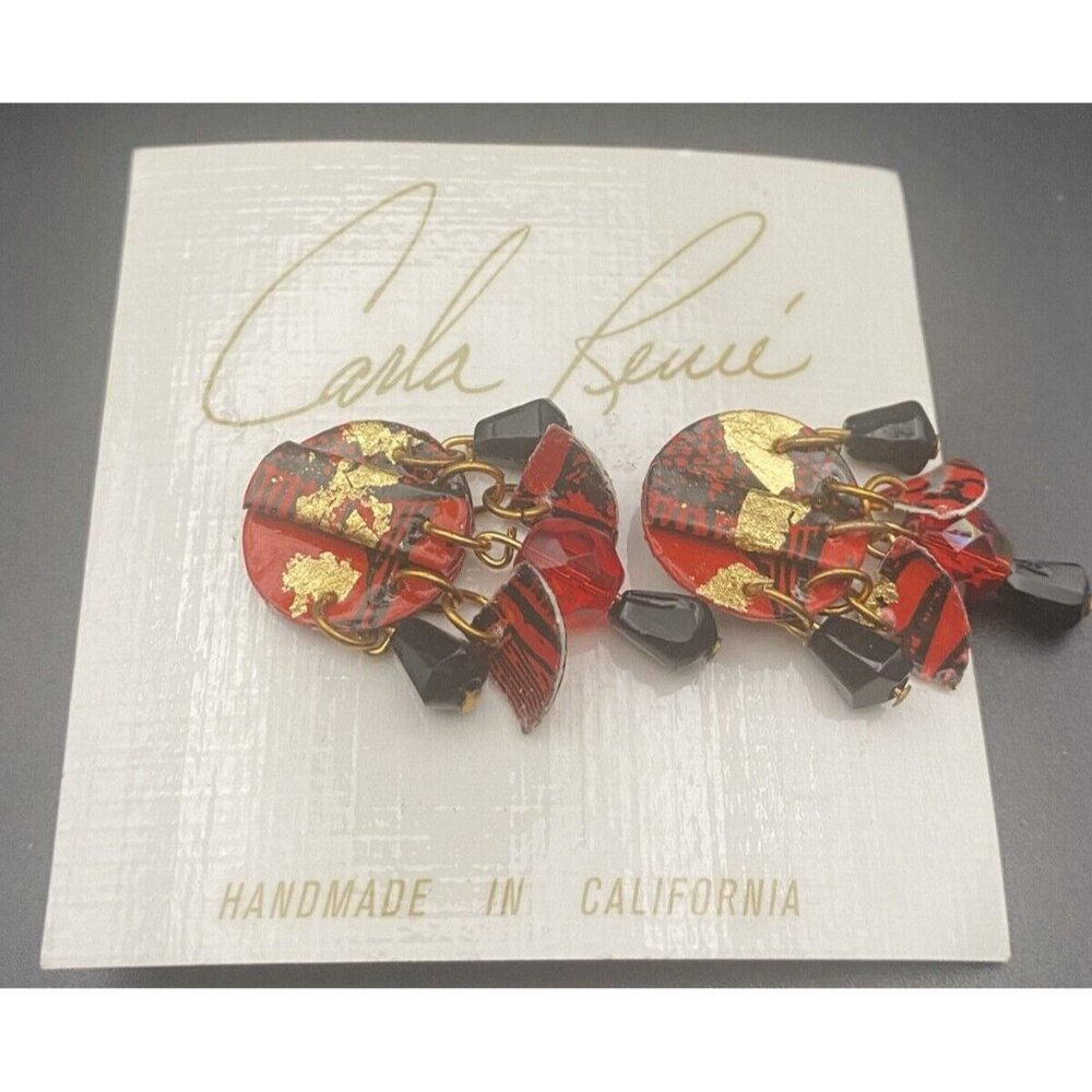 NWT Vintage Earrings Carla Renee Handmade in California Dangle Pierced Red Gold - Picture 3 of 5